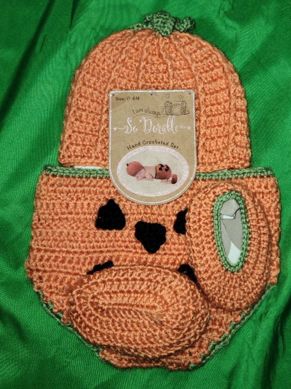 So Dorable Baby Hand Crocheted Pumpkin Set Orange Jack o'Lantern 0-6 Months NWT